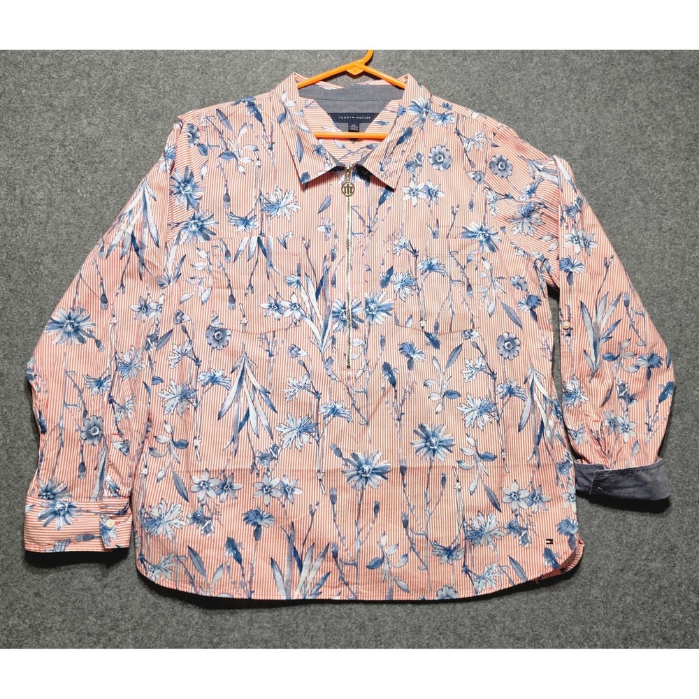 Tommy Hilfiger Womens XXL Striped Floral Quarter Zip Pullover Cotton Blouse Top